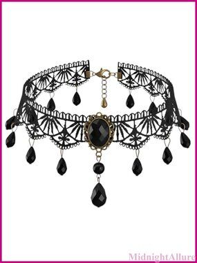 Lace Choker Necklace Beaded Crystal Drops Victorian Gothic 16"